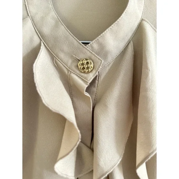 MICHAEL KORS Blouse Women's Sz 6 Ruffled Button-Up Shirt Top Tan - Picture 3 of 8